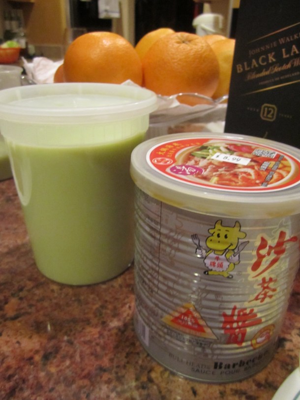 Soy milk on the right, prawn paste on the right
