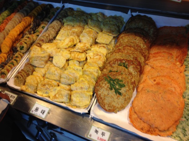 Some of the pajeon or Korean pancakes of egg or kimchi