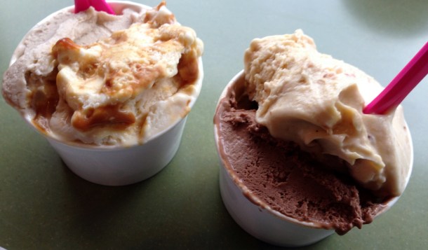 Left: goat cheese caramel cashew and butterscotch bourbon pecan Right: Mexican hot chocolate and cayenne maple bacon