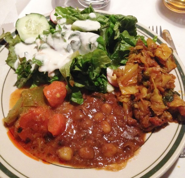 Clockwise: green salad, eggplant, lentils, vegetables
